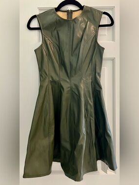 Commense Olive Green Sleeveless Faux Leather Fit-and-Flare Dress
